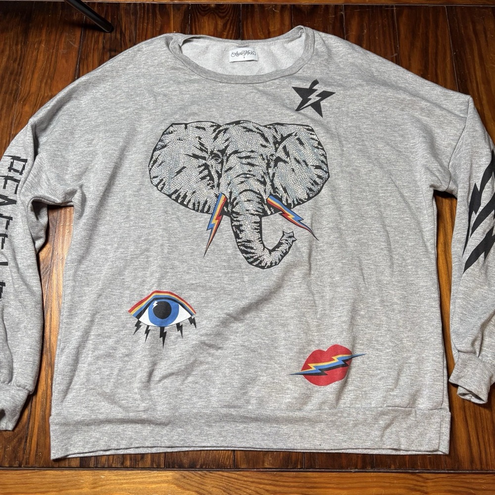 Lauren Moshi Elephant Elements Peace Love Lightning Bolts Gray pullover S A1669